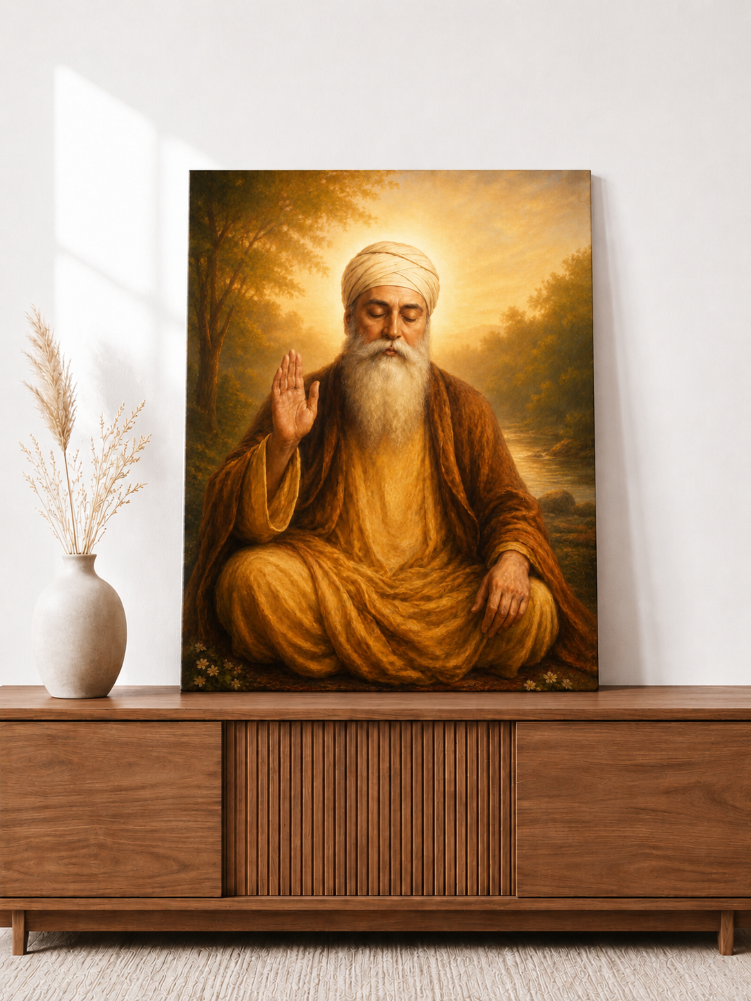 Guru Nanak Dev Ji Blessing Canvas Wall Art | Premium Spiritual Canvas Print | Ready to Hang | 16 x 20 Inches | Artist Awakened