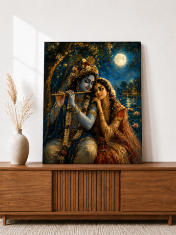Radha Krishna Moonlight Canvas Wall Art | Premium Krishna & Radha Canvas Print | Spiritual Wall Decor | Ready to Hang | 16 x 20 Inches