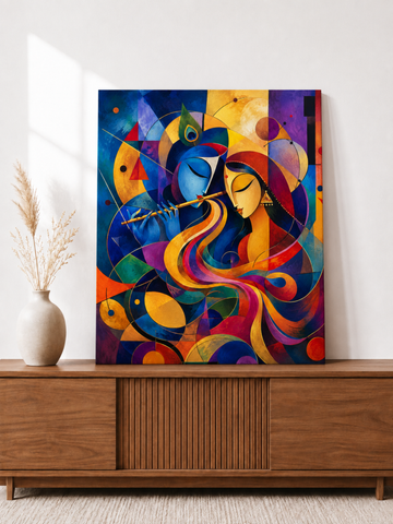 Abstract Radha Krishna Canvas Wall Art | Modern Geometric Krishna Painting | Premium Framed Spiritual Canvas for Living Room & Home Décor