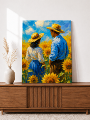 Sunflower Field Couple Canvas Wall Painting | Impressionist Farm Landscape Wall Art | Premium Framed Canvas for Living Room, Bedroom & Home Décor