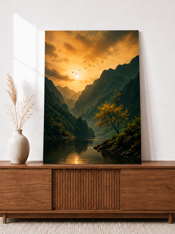 Golden Mountain Lake Sunset Canvas Wall Art | Nature Landscape Canvas Print | Premium Wall Decor | Ready to Hang | 16 x 20 Inches