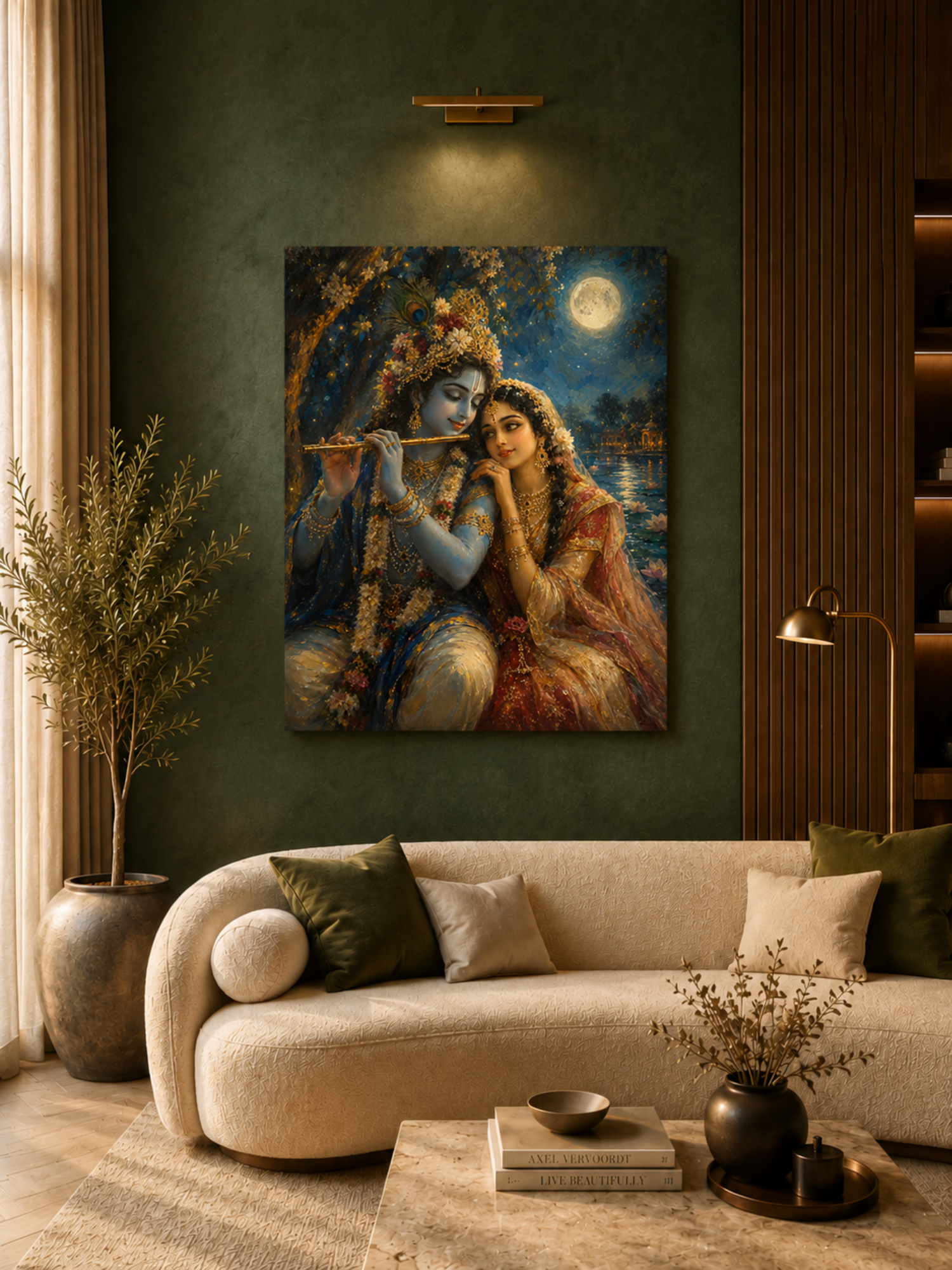 Radha Krishna Moonlight Canvas Wall Art | Premium Krishna & Radha Canvas Print | Spiritual Wall Decor | Ready to Hang | 16 x 20 Inches