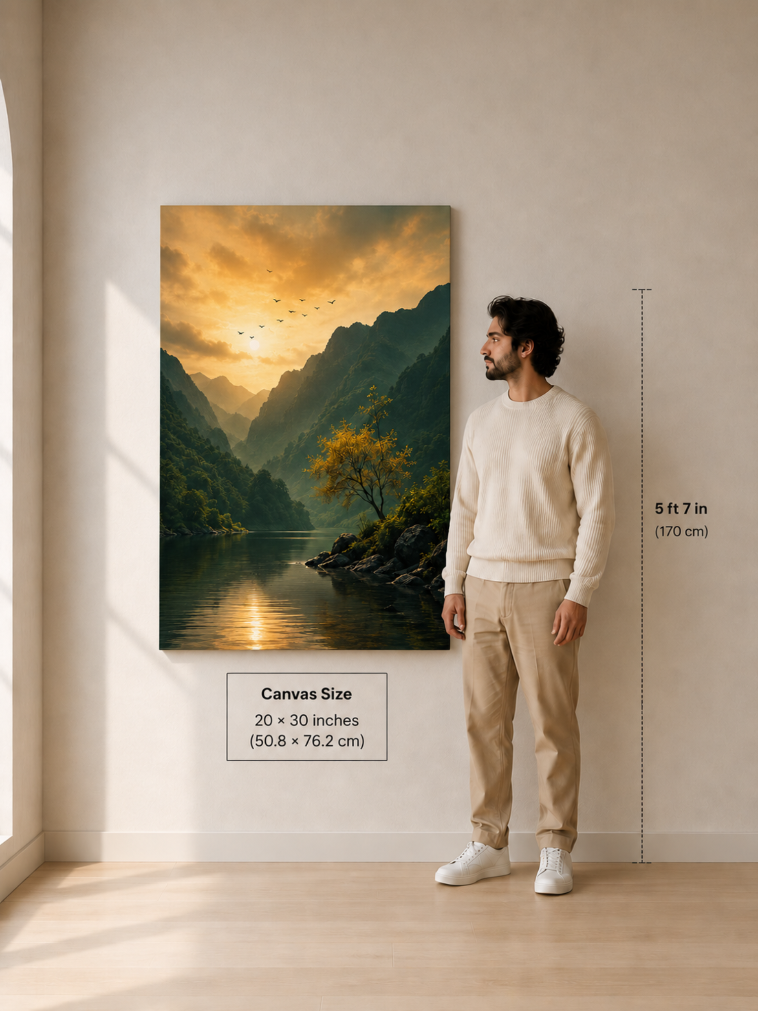 Golden Mountain Lake Sunset Canvas Wall Art | Nature Landscape Canvas Print | Premium Wall Decor | Ready to Hang | 16 x 20 Inches