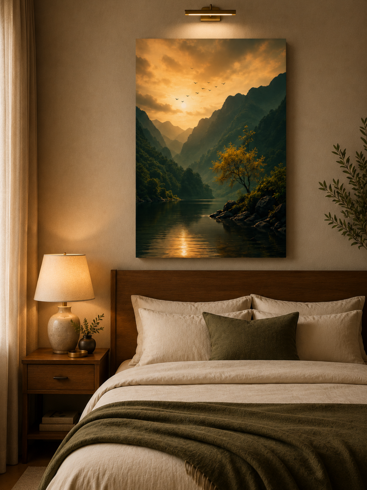 Golden Mountain Lake Sunset Canvas Wall Art | Nature Landscape Canvas Print | Premium Wall Decor | Ready to Hang | 16 x 20 Inches