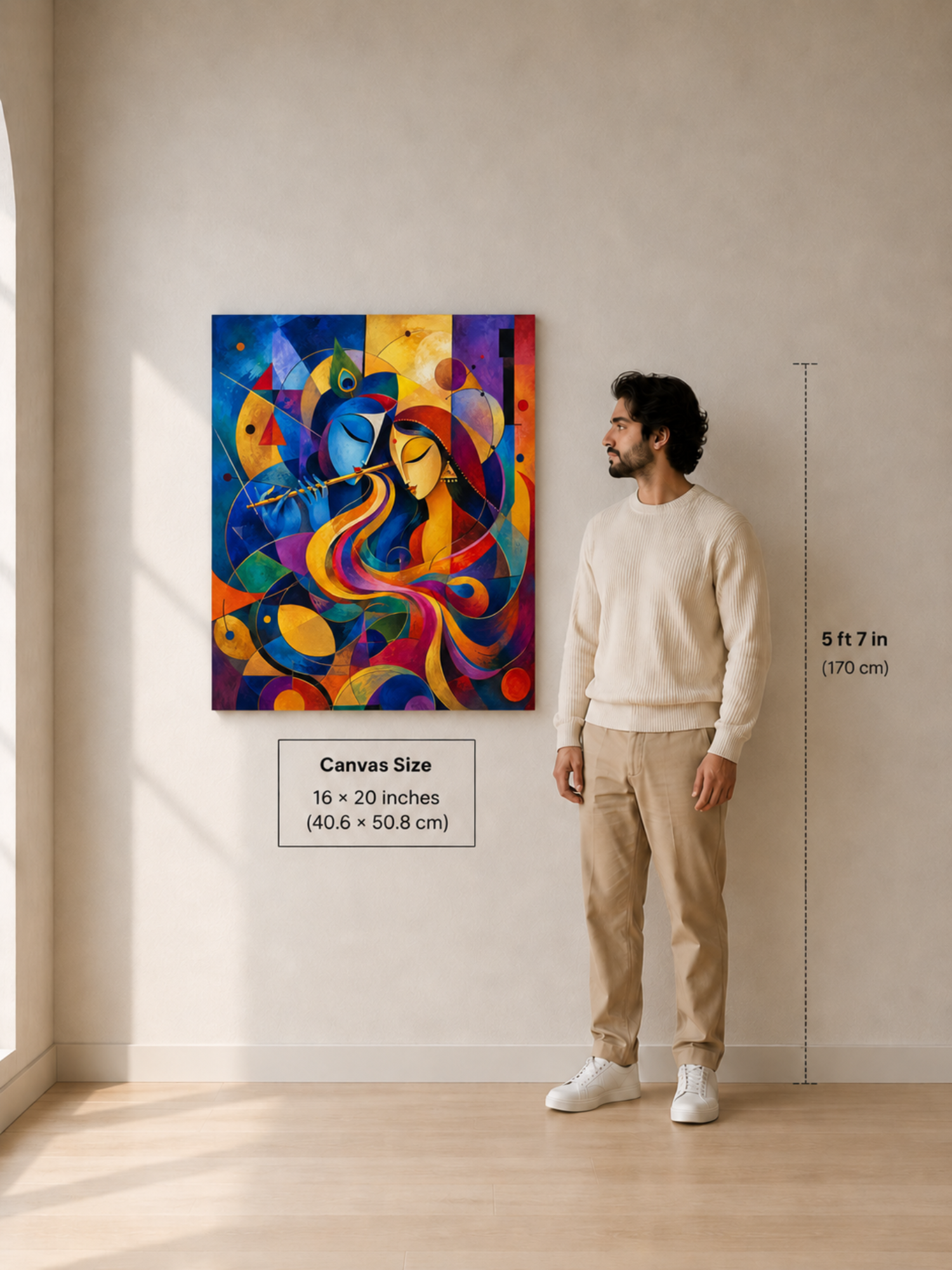 Abstract Radha Krishna Canvas Wall Art | Modern Geometric Krishna Painting | Premium Framed Spiritual Canvas for Living Room & Home Décor