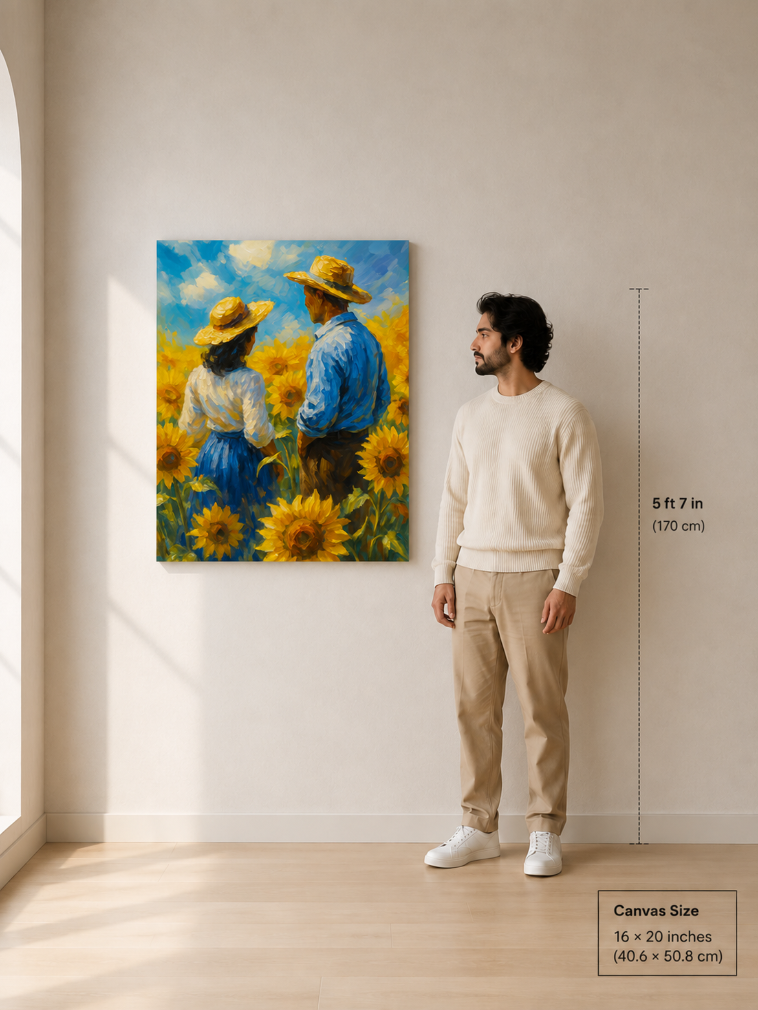 Sunflower Field Couple Canvas Wall Painting | Impressionist Farm Landscape Wall Art | Premium Framed Canvas for Living Room, Bedroom & Home Décor
