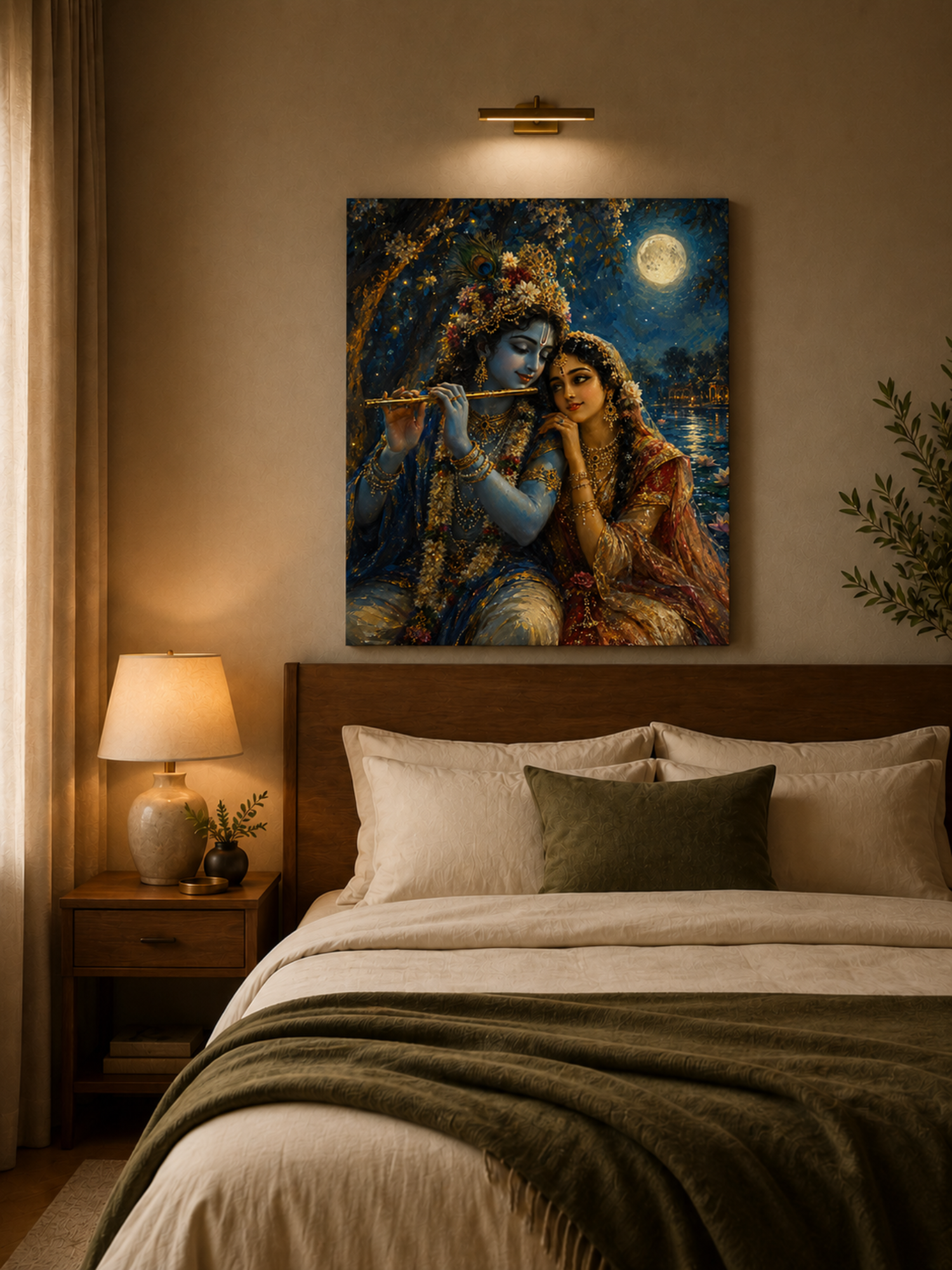 Radha Krishna Moonlight Canvas Wall Art | Premium Krishna & Radha Canvas Print | Spiritual Wall Decor | Ready to Hang | 16 x 20 Inches