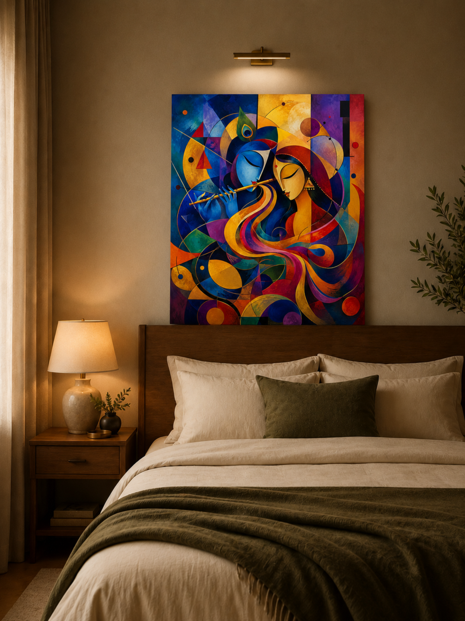 Abstract Radha Krishna Canvas Wall Art | Modern Geometric Krishna Painting | Premium Framed Spiritual Canvas for Living Room & Home Décor