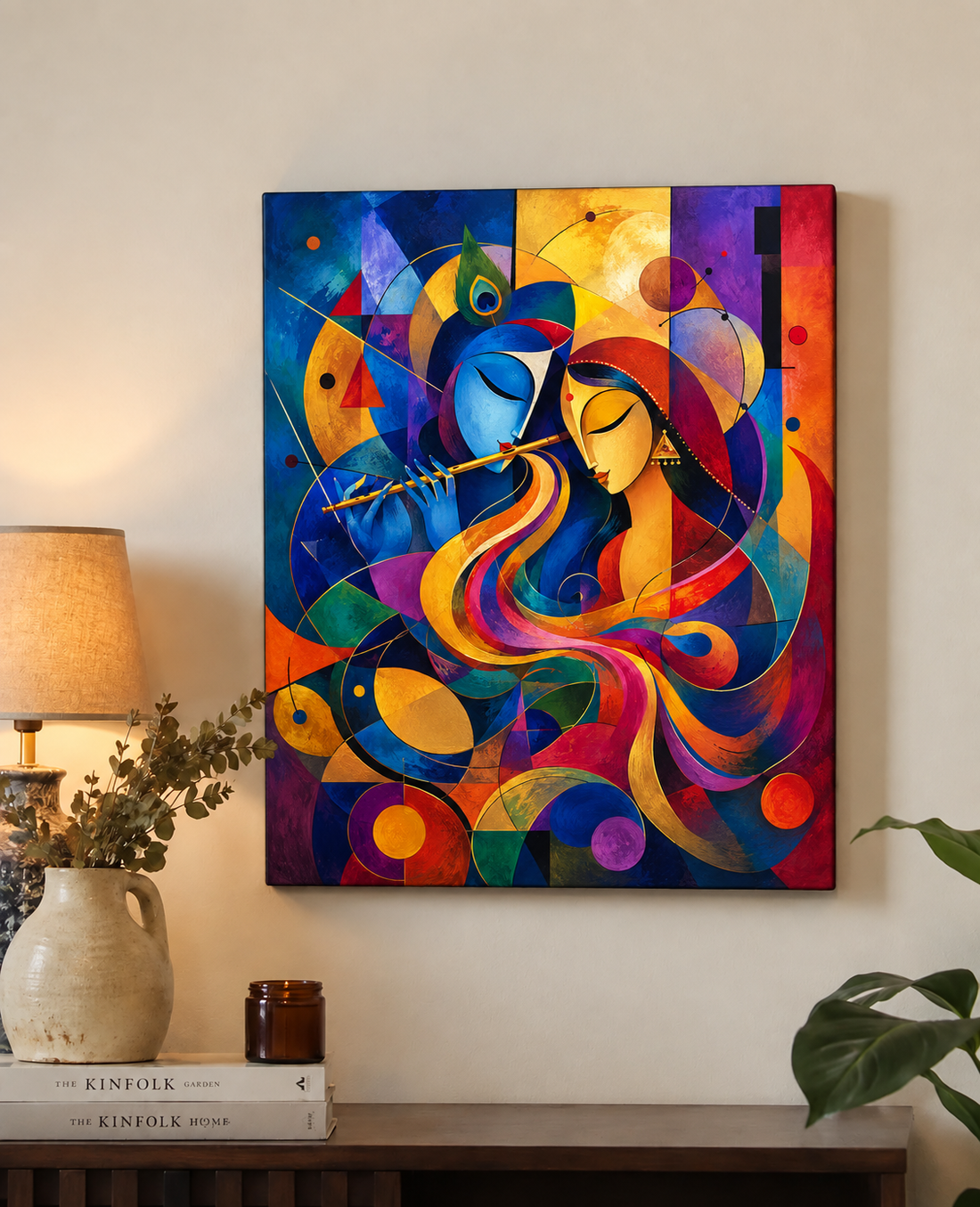 Abstract Radha Krishna Canvas Wall Art | Modern Geometric Krishna Painting | Premium Framed Spiritual Canvas for Living Room & Home Décor