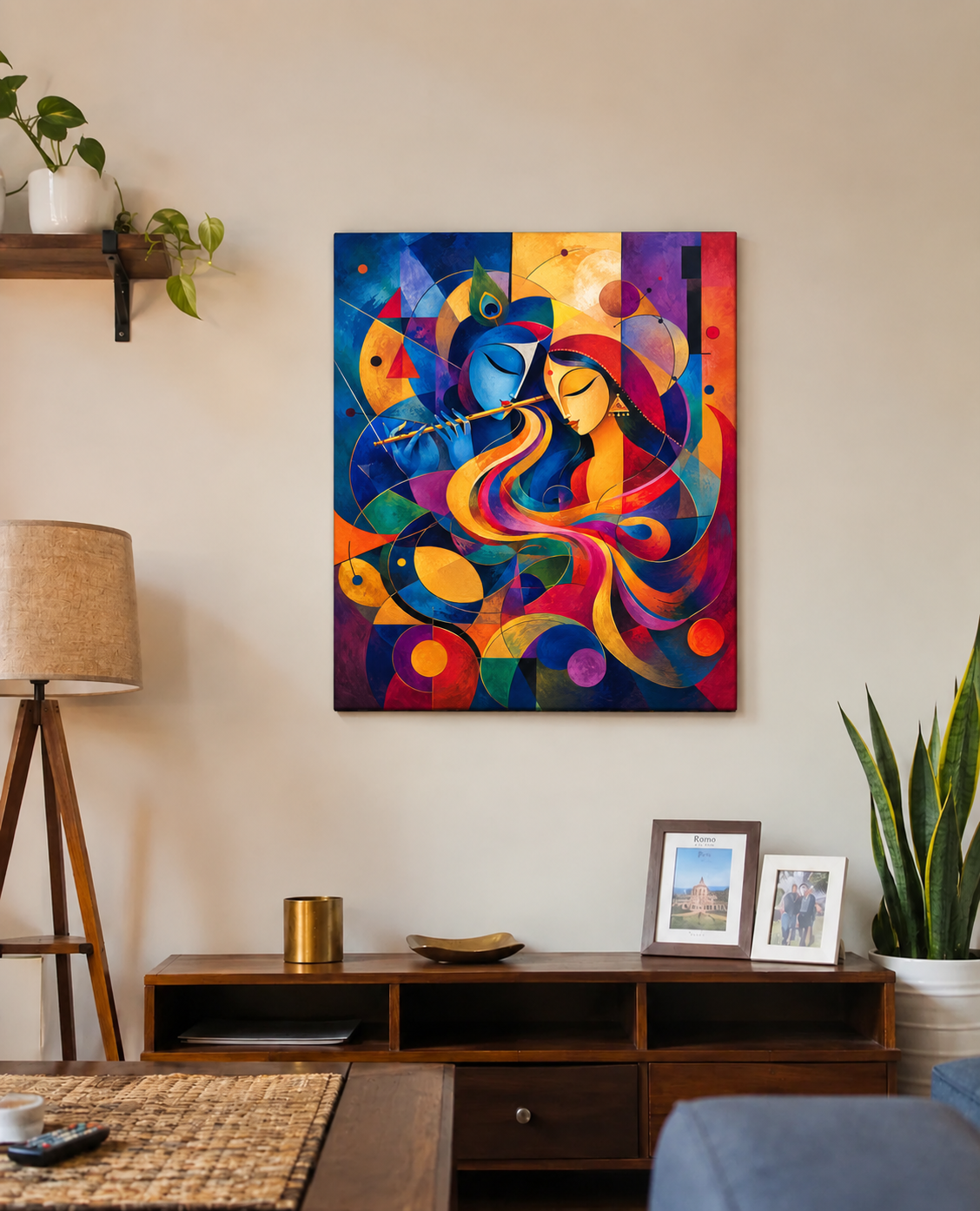Abstract Radha Krishna Canvas Wall Art | Modern Geometric Krishna Painting | Premium Framed Spiritual Canvas for Living Room & Home Décor