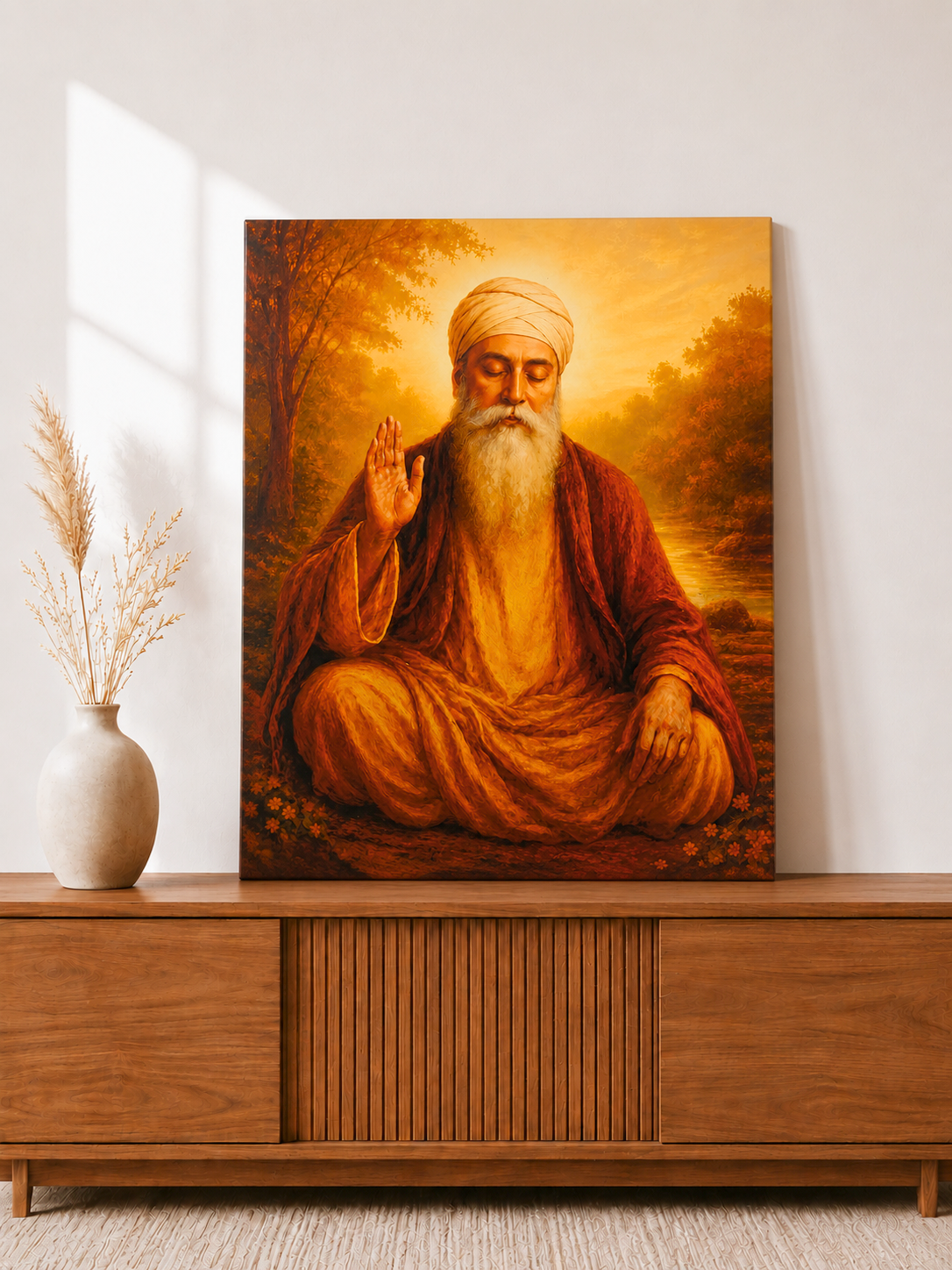 Guru Nanak Dev Ji Blessing Canvas Wall Art | Premium Spiritual Canvas Print | Ready to Hang | 16 x 20 Inches | Artist Awakened